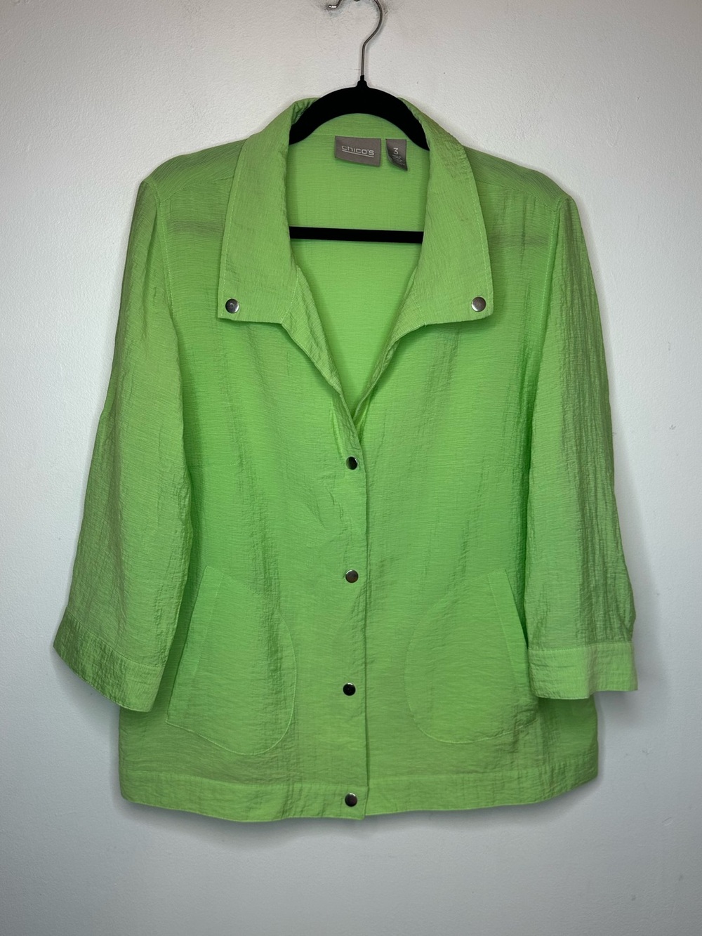 CHICO'S Women’s Bright Green Sz 3 XL Casual Dress Snap Up Shirt Pockets